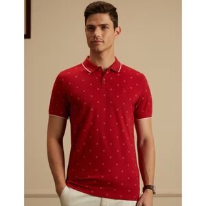Peter England Golf Polo Mens Medium Red Printed Pique Short Sleeve Preppy New